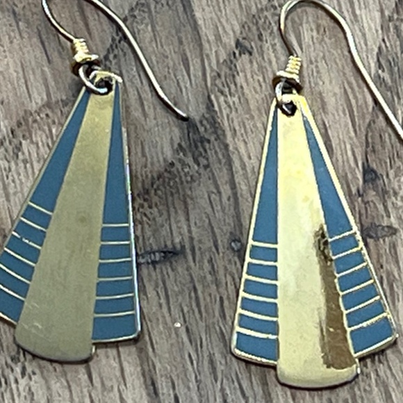 Vintage Laurel Burch Gold and Gray Art Deco Fan Earrings with Hook Closures - Picture 1 of 6